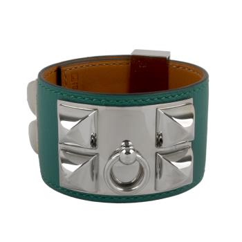 二手商品9.5成新 HERMES SWIFT皮 鉚釘銀釦CDC手環 (S)(藍綠色)