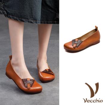 【VECCHIO】全真皮撞色低跟鞋/全真皮頭層牛皮復古撞色釦帶造型低跟鞋 女鞋 棕