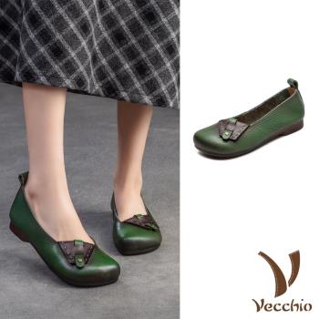 【VECCHIO】全真皮撞色低跟鞋/全真皮頭層牛皮復古撞色釦帶造型低跟鞋 女鞋 綠