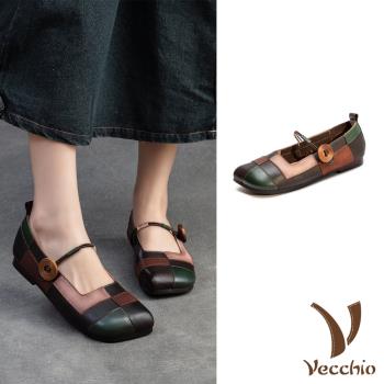 【VECCHIO】羊皮色塊低跟娃娃鞋/全真皮羊皮藝術風色塊拼接低跟釦帶娃娃鞋 女鞋 黑