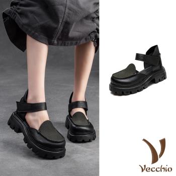 【VECCHIO】真皮純色粗跟涼鞋/真皮頭層牛皮純色復古小圓頭繫帶粗跟厚底涼鞋 女鞋 黑
