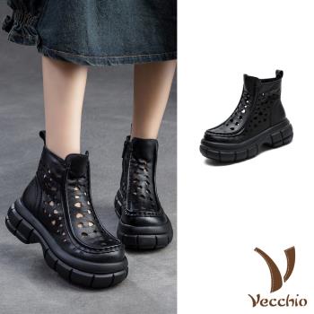 【VECCHIO】全真皮縷空愛心厚底短靴/全真皮頭層牛皮縷空愛心時尚厚底短靴 涼靴 女鞋 黑