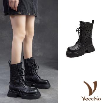 【VECCHIO】全真皮愛心縷空厚底中筒靴/全真皮頭層牛皮愛心縷空設計厚底中筒靴 馬丁靴 女鞋 黑
