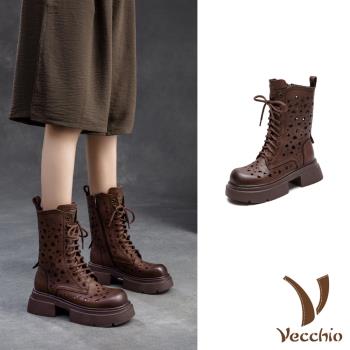 【VECCHIO】全真皮愛心縷空厚底中筒靴/全真皮頭層牛皮愛心縷空設計厚底中筒靴 馬丁靴 女鞋 咖