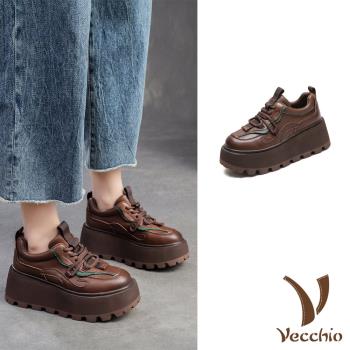 【VECCHIO】全真皮鬆糕休閒鞋/全真皮頭層牛皮個性拼接復古鬆糕厚底休閒鞋 女鞋 咖