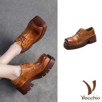 【VECCHIO】馬皮復古厚底牛津鞋 /全真皮馬皮復古立體鞋頭設計粗跟厚底牛津鞋 女鞋 棕