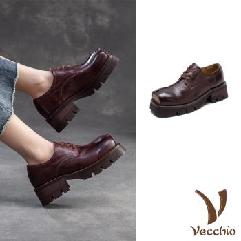 【VECCHIO】馬皮復古厚底牛津鞋 /全真皮馬皮復古立體鞋頭設計粗跟厚底牛津鞋 女鞋 咖