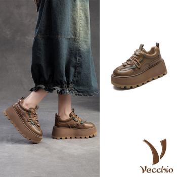 【VECCHIO】全真皮鬆糕休閒鞋/全真皮頭層牛皮個性拼接復古鬆糕厚底休閒鞋 女鞋 卡其