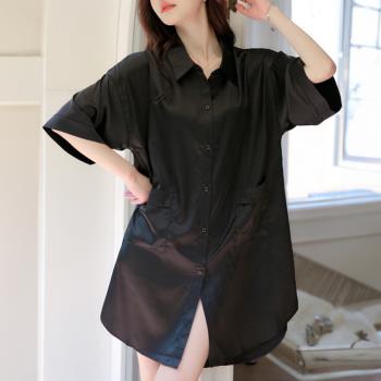 【藍尼居家】★模擬絲男友風襯衫睡裙(女睡衣/家居服/連身裙)