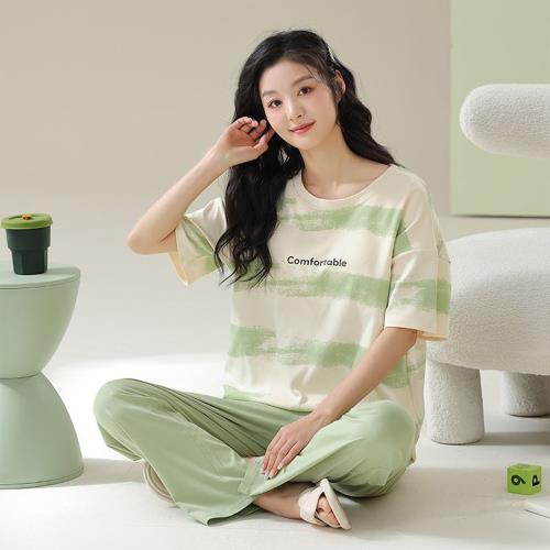 【藍尼居家】★印花純棉帶胸墊居家服套裝(女睡衣/家居服/Bra Top/兩件式套裝)