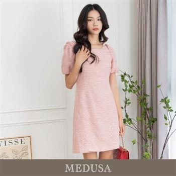 現貨【MEDUSA 曼度莎】蓬袖亮片編織粉紅小禮服（M-XL）｜小禮服 粉紅洋裝