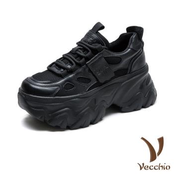 【VECCHIO】真皮透氣網布厚底休閒鞋/真皮頭層牛皮透氣網布拼接厚底個性休閒運動鞋 女鞋 黑
