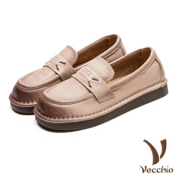 【VECCHIO】真皮百搭休閒樂福鞋/真皮頭層牛皮舒適百搭休閒樂福鞋 女鞋 米