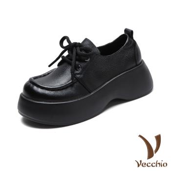 【VECCHIO】全真皮輕量鬆糕休閒鞋/全真皮頭層牛皮復古繫帶輕量鬆糕厚底休閒鞋 女鞋 黑