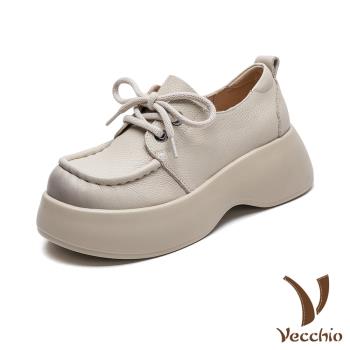 【VECCHIO】全真皮輕量鬆糕休閒鞋/全真皮頭層牛皮復古繫帶輕量鬆糕厚底休閒鞋 女鞋 米