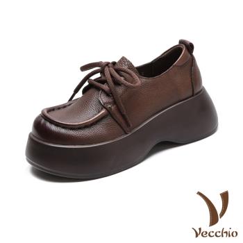 【VECCHIO】全真皮輕量鬆糕休閒鞋/全真皮頭層牛皮復古繫帶輕量鬆糕厚底休閒鞋 女鞋 棕