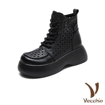 【VECCHIO】全真皮洞洞輕量厚底短靴/全真皮頭層牛皮縷空洞洞輕量厚底休閒短靴 涼靴 女鞋 黑