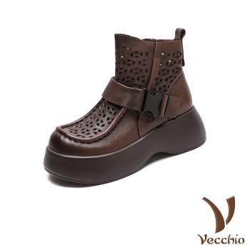 【VECCHIO】全真皮洞洞厚底短靴/全真皮頭層牛皮皮帶釦飾縷空洞洞輕量厚底短靴 涼靴 女鞋 棕