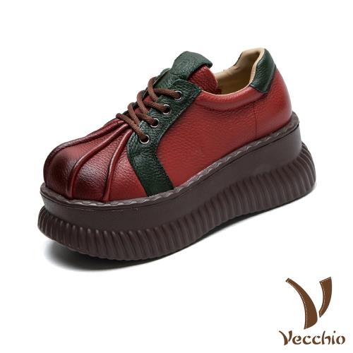 【VECCHIO】全真皮抓褶撞色厚底休閒鞋/全真皮頭層牛皮復古抓褶拼接撞色厚底綁帶休閒鞋 女鞋 紅