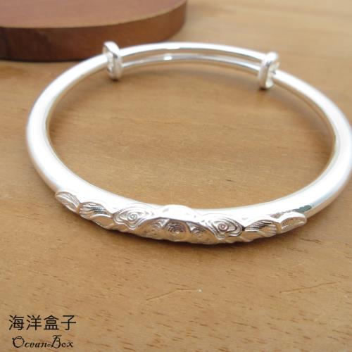 【海洋盒子】30.03g。5MM寬綻放蓮花吟花絲可調整式999足銀純銀手環.附贈禮盒