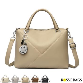 【Rosse Bags】笑臉真皮拼接大容量手提肩揹包(現+預 米白色 / 灰色 / 卡其色 / 棕色 / 黑色)