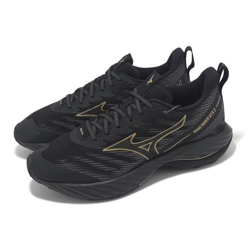 Mizuno 慢跑鞋 Wave Rider GTX 2 2E 男鞋 寬楦 黑 金 防水 波浪片 運動鞋 美津濃 J1GC2480-01