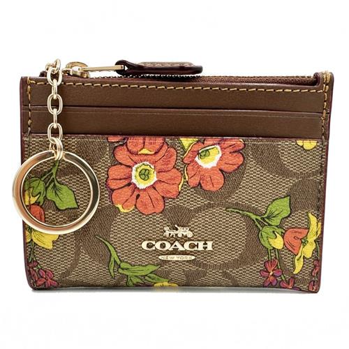 【COACH】C LOGO悠遊卡夾鑰匙零錢包(花卉/焦糖)