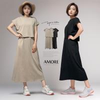 AM艾莫兒 日韓兩件式層次長版短袖連身衣裙2色