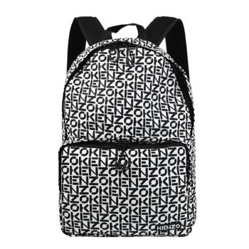 KENZO 5SA213 品牌滿版印花尼龍大款後揹包.白黑