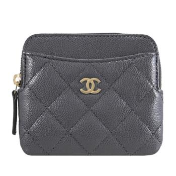 CHANEL AP2061 經典雙C 菱格小牛皮5卡拉鍊零錢包.深灰/淡金