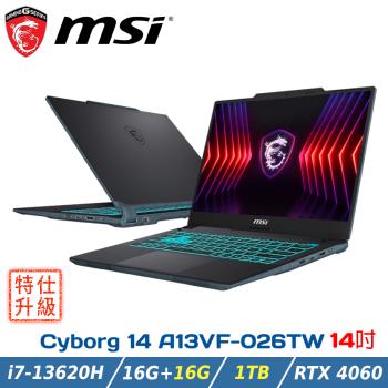 (雙碟升級)MSI微星 Cyborg 14 A13VF-026TW(i7-13620H/16G+16G/RTX4060/1TB/W11/14)