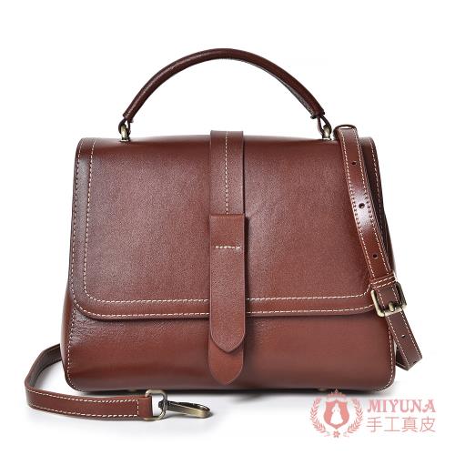【MIYUNA米友娜】韓版真皮郵差包質感植鞣頭層牛皮斜背包-栗棕色