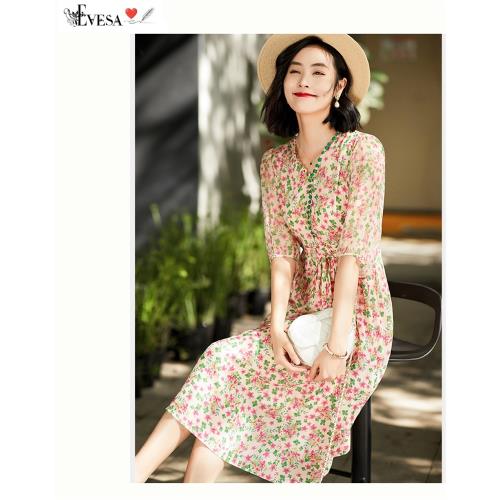 【伊凡莎名媛時尚】南法清雅度假浪漫甜美小香花100%蠶絲洋裝