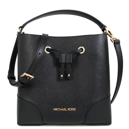 MICHAEL KORS 金字LOGO荔枝紋皮革中水桶兩用包(黑色)