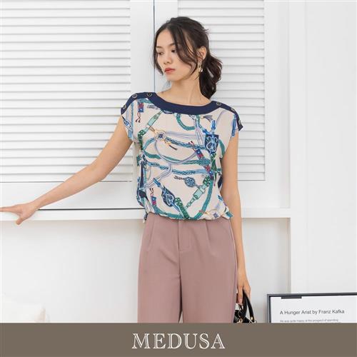 現貨【MEDUSA 曼度莎】台灣製 肩拼接掛件印花雪紡上衣（M-2L）｜女上衣 女短袖上衣 加大尺碼