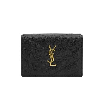 Ysl Monogram 金logo魚子醬牛皮三折短夾-Mini(668274-黑)