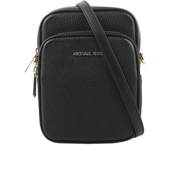 MICHAEL KORS 金字荔枝皮革拉鍊中款直式斜揹包(黑色)