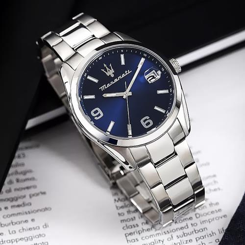 Maserati 瑪莎拉蒂 Attrazione 極致吸引系列 R8853151013 輕奢簡約 銀藍 石英腕錶 夜光 日期 手錶 43mm