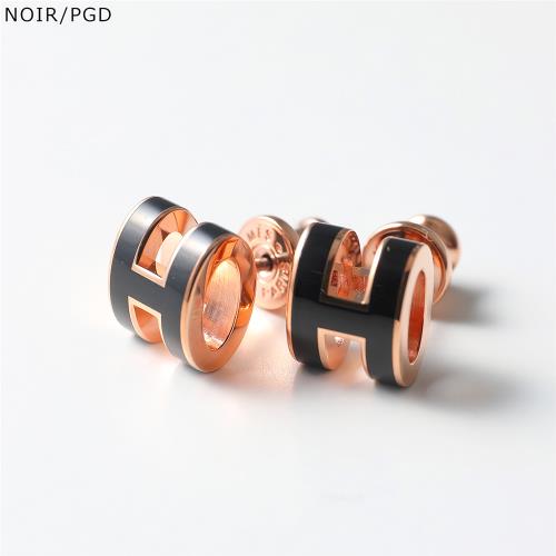 HERMES mini POP H 立體橢圓簍空耳針式耳環  玫瑰金黑色
