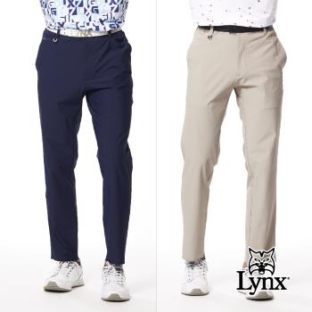 【Lynx Golf】男款日本進口面料環保素材抗UV涼感機能特殊剪裁造型口袋立體凸印設計平口休閒長褲-深藍色