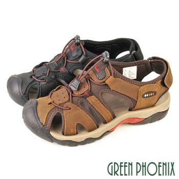 GREEN PHOENIX 男 涼鞋 護趾涼鞋 休閒涼鞋 真皮 戶外 厚底 沾黏式 可調式T12-12453