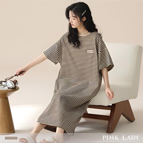 【PINK LADY】連身睡裙 棉柔舒適 咖啡奶蓋 條紋短袖居家服(女睡衣/圓領/寬版落肩/連衣裙/外出可穿) 11901