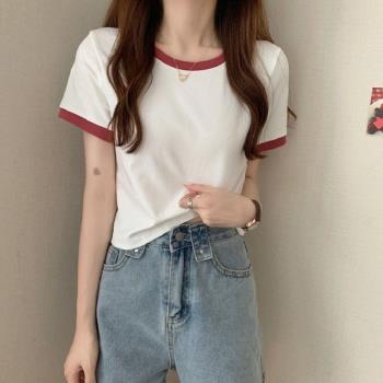【LANNI 藍尼】★撞色圓領修身短款上衣(女上衣/短袖/休閒)