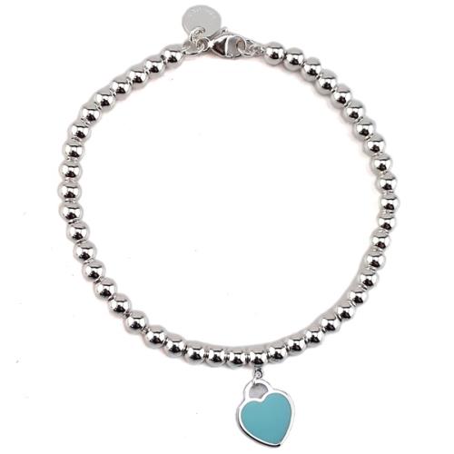 TIFFANY 藍色法瑯心牌墜飾925純銀圓珠手鍊