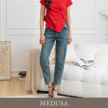 現貨【MEDUSA 曼度莎】ICare 金釦帶刷色顯瘦直筒牛仔褲（M-XL）｜女長褲 高彈性牛仔