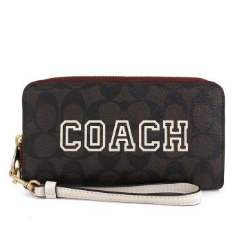 COACH 大LOGO咖啡色防刮手掛式拉鍊長夾