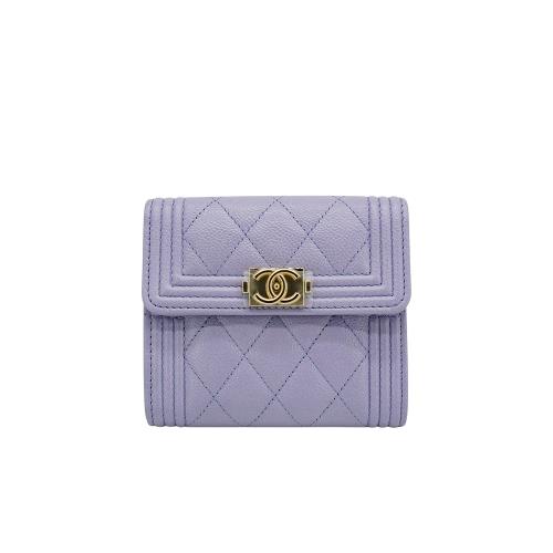 Chanel Boy 菱格紋牛皮淡金logo三折短夾(A84432-紫)
