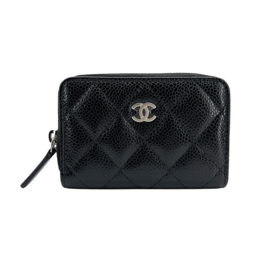 Chanel 雙C銀logo粒紋牛皮拉鍊卡夾/零錢包(AP0216-黑)