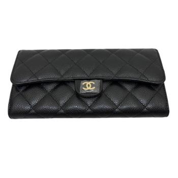 【CHANEL】香奈兒 經典黑色皮革金色金屬 荔枝紋長夾 AP0241Y01864C3906