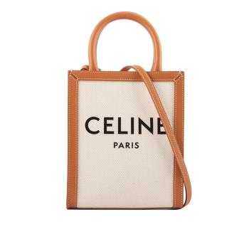 CELINE Logo 印花帆布及小牛皮直式CABAS(迷你)(米白/焦糖) 193302BNZ.02NT